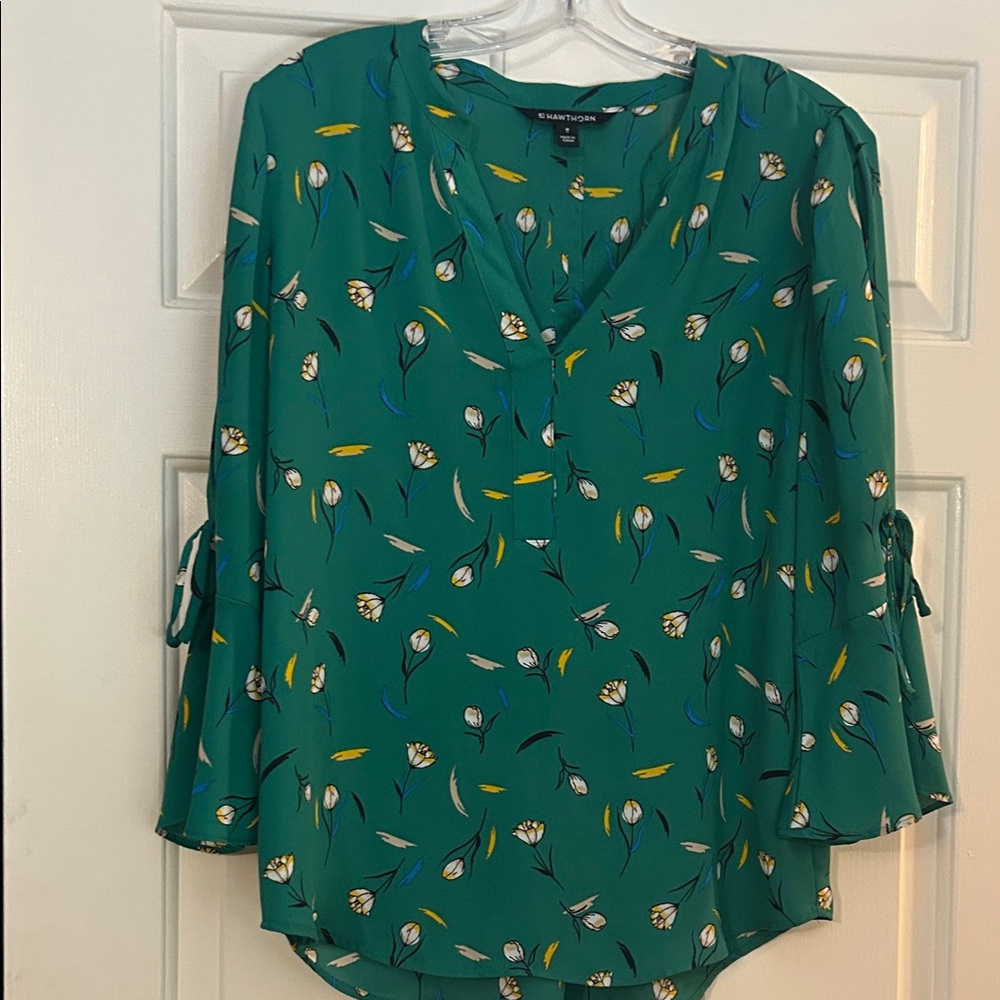 Worthington Teal Green Floral Split-Neck Blouse